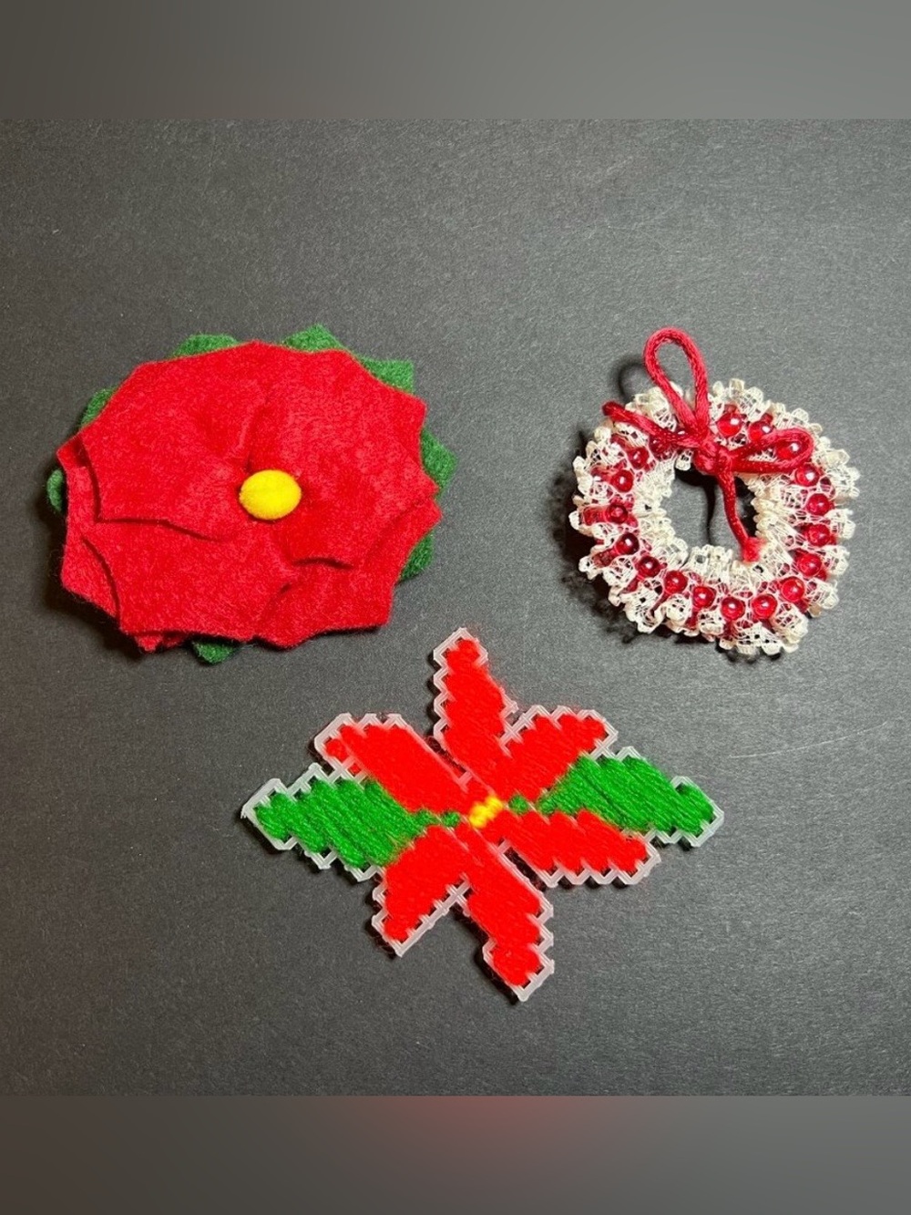 VTG Lot of 3 Handmade Christmas Red Poinsettia Flower & Beaded Wreath Brooches